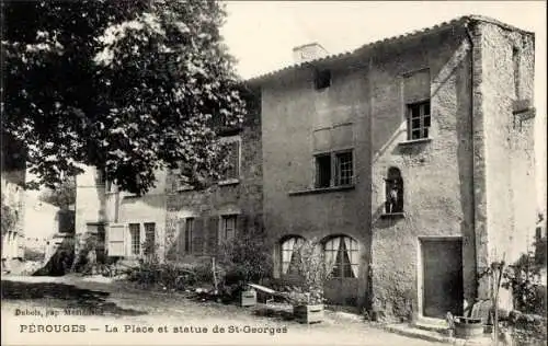 Ak Perouges Ain, La Place et statue de Saint Georges