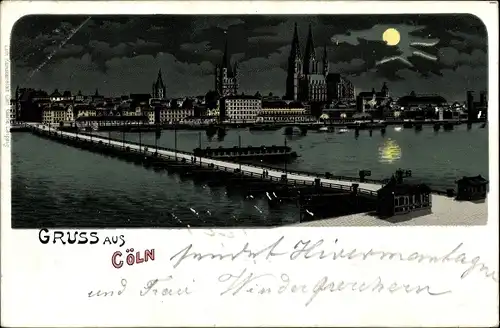 Mondschein Litho Köln am Rhein, Schiffbrücke, Groß St. Martin, Dom, Hauptbahnhof