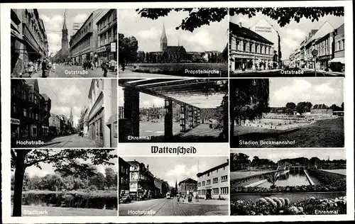 Ak Wattenscheid Bochum Ruhrgebiet, Oststraße, Hochstraße, Ehrenmal, Stadion Beckmannshof, Kirche