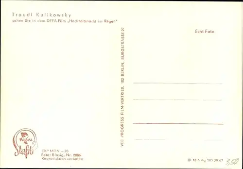 Ak Schauspielerin Traudl Kulikowsky, Portrait, Hochzeitsnacht im Regen, DEFA Film