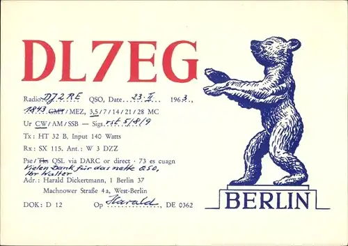 Ak QSL Karte, Funkerkarte, Berlin, Harald Dickertmann, DL7EG