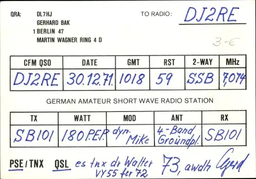 Ak QSL Karte, Funkerkarte, Berlin, Gerhard Bak, DL7HJ