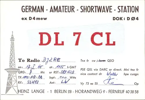 Ak QSL Karte, Funkerkarte, Berlin, Heinz Lange, DL7CL