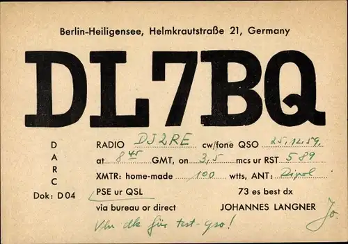 Ak QSL Karte, Funkerkarte, Berlin, Johannes Langner, DL7BQ