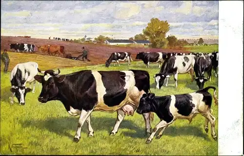 Künstler Ak Wagner, K., Meinholds Tierbild, Kühe auf der Weide
