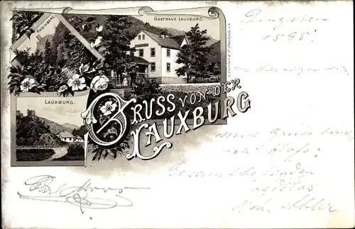 Litho Laukenmühle Lorch im Rheingau Hessen, Gasthaus Lauxburg, Rheinberg