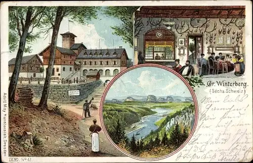 Litho Ostrau Bad Schandau in Sachsen, Großer Winterberg, Gaststätte, Landschaftspanorama