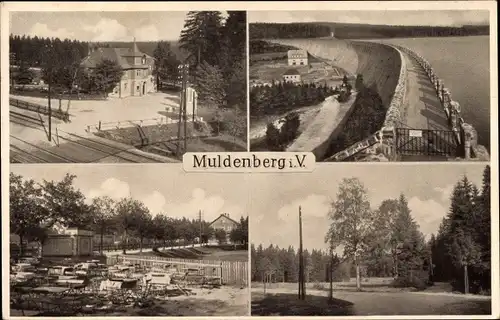 Ak Muldenberg Grünbach im Vogtland Sachsen, Bahnhofshotel Weidlichhaus, Bahnschranke, Talsperre