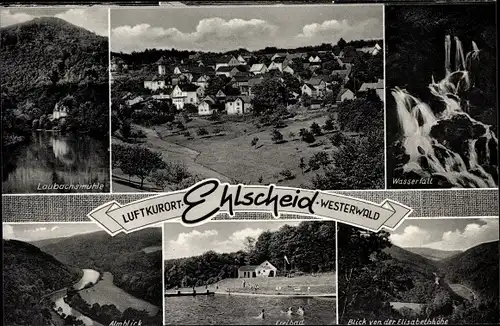 Ak Ehlscheid im Westerwald, Wasserfall, Laubachsmühle, Freibad, Panorama