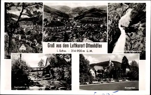 Ak Ottenhöfen im Schwarzwald, Teilansicht, Kurgarten, Wasserfall, Bachpartie