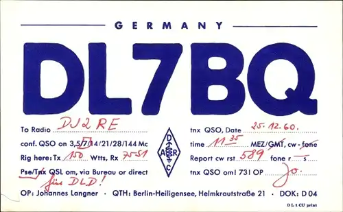 Ak QSL Karte, Funkerkarte, DL7BQ, Johannes Langner, Berlin