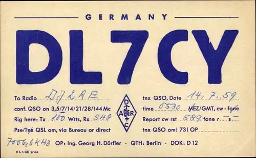 Ak QSL Karte, Funkerkarte, DL7CY, Georg H. Dörfler, Berlin