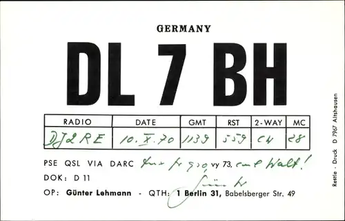 Ak QSL Karte, Funkerkarte, DL7BH, Günter Lehmann, Berlin