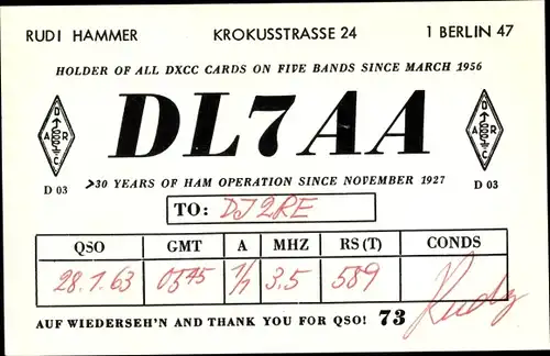 Ak QSL Karte, Funkerkarte, DL7AA, Rudi Hammer, Berlin