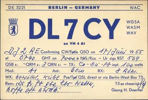 Ak QSL Karte, Funkerkarte, DL7CY, Georg H. Doerfler, Berlin