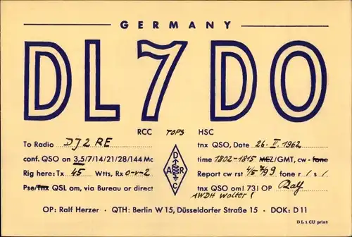 Ak QSL Karte, Funkerkarte, DL7DO, Ralf Herzer, Berlin