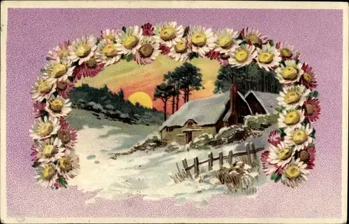 Präge Litho Winterlandschaft, Haus, Gänseblümchen