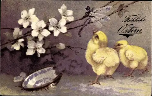 Ak Glückwunsch Ostern, Küken beobachten eine Libelle