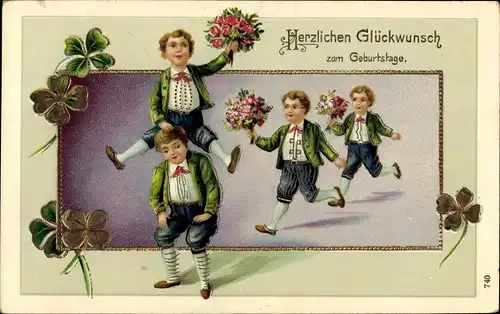 Präge Litho Glückwunsch Geburtstag, Jungen mit Blumensträußen, Kleeblätter