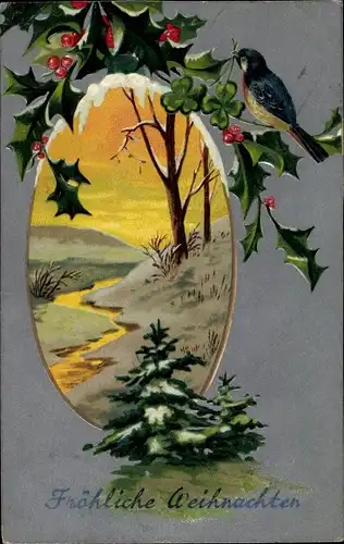 Präge Litho Glückwunsch Weihnachten, Winterlandschaft, Vogel, Kleeblätter, Stechpalmenzweige