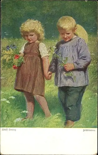 Künstler Ak Hering, Adolf, Feldblumen, Junge und Mädchen auf einer Wiese