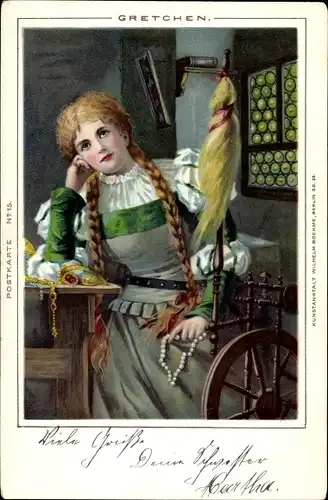 Künstler Ak Gretchen, Frau am Spinnrad, Szene aus Faust, Goethe