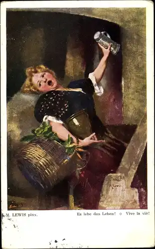 Künstler Ak Lewis, M., Es lebe das Leben, Frau mit Zinnkrug und Tontopf