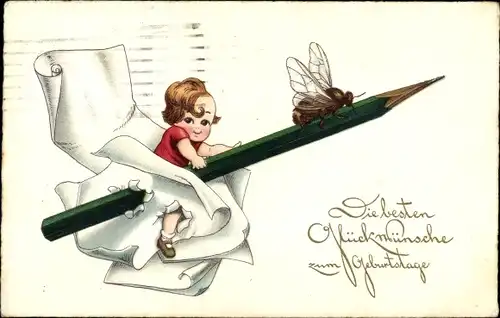 Ak Glückwunsch Geburtstag, Kind und Fliege auf einem Bleistift