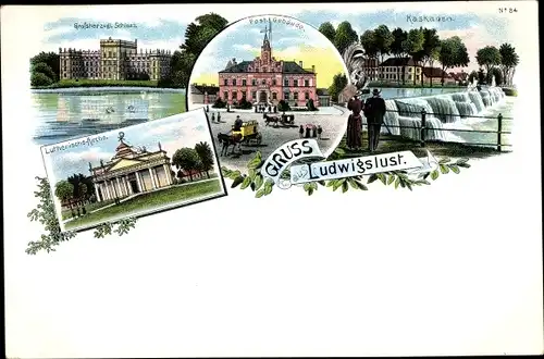 Litho Ludwigslust in Mecklenburg, Großherzogl. Schloss, Luth. Kirche, Postgebäude, Kaskaden