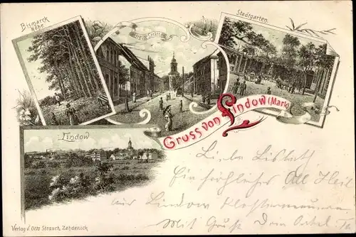 Litho Lindow in der Mark, Bismarckhöhe, Breite Straße, Stadtgarten