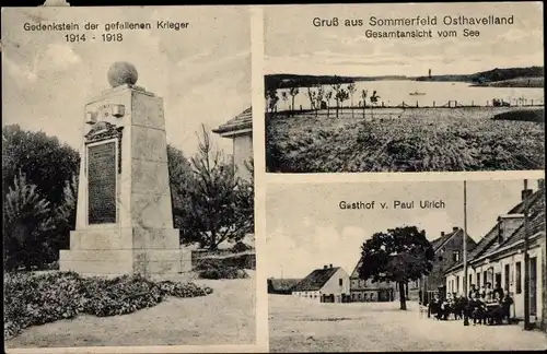Ak Sommerfeld Kremmen in Brandenburg, Gasthof Paul Ulrich, Kriegerdenkmal, Seepanorama