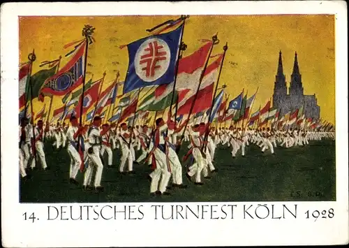 Künstler Ak 14. Deutsches Turnfest Köln 1928, Fahnenmarsch im Stadion