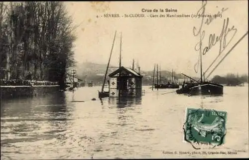 Ak Sèvres Saint Cloud Hauts de Seine, Crue de la Seine, Gare des Marchandises, 29 Janvier 1910
