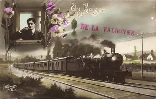 Ak La Valbonne Ain, Un Baiser, Souvenir, Eisenbahn, Stiefmütterchen
