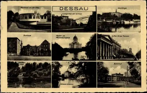 Ak Dessau in Sachsen Anhalt, Kurhaus, Gestänge, Schloss, Mausoleumspark, Altes Theater, Bahnhof