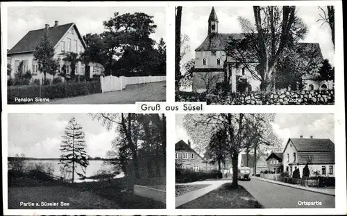 Ak Süsel in Ostholstein, Pension Siems, Kirche, Partie am Süseler See