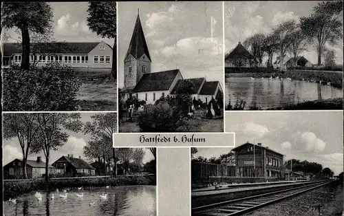 Ak Hattstedt in Nordfriesland, Kirche, Partie am Bahnhof, Teich