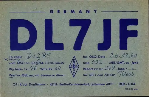 Ak QSL Karte, Funkerkarte, DL7JF, Kaus Danßmann, Berlin