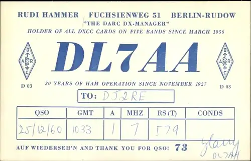 Ak QSL Karte, Funkerkarte, DL7AA, Rudi Hammer, Berlin