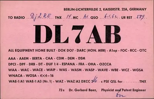 Ak QSL Karte, Funkerkarte, DL7AB, Gerhard Baez, Berlin
