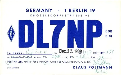 Ak QSL Karte, Funkerkarte, DL7NP, Klaus Poltmann, Berlin