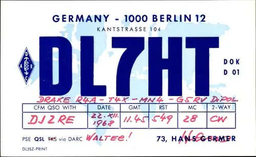 Ak QSL Karte, Funkerkarte, DL7HT, Hans Germer, Berlin