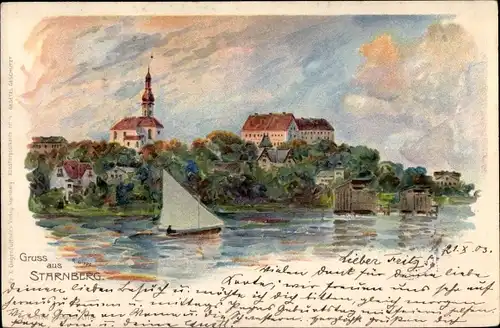 Künstler Litho Starnberg in Oberbayern, Blick auf den Ort