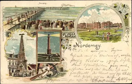 Litho Norderney in Ostfriesland, Seesteg, Kaiserdenkmal, Leuchtturm, Seehospiz