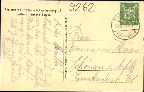 Ak Lützelhöhe Frankenberg an der Zschopau, Restaurant Lützelhöhe