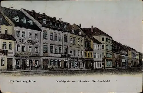 Ak Frankenberg an der Zschopau Sachsen, Marktplatz vom Südosten, Reichsseidelei, Buchhandlung