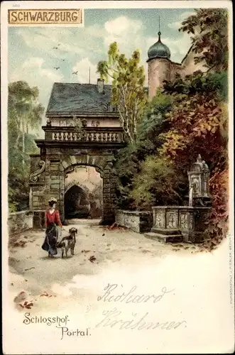 Litho Schwarzburg im Schwarzatal Thüringen, Schlosshof, Portal