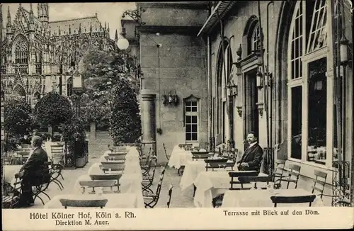 Ak Köln am Rhein, Hotel Kölner Hof, Terrasse mit Blick auf den Dom