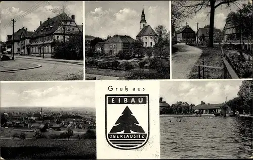 Ak Eibau Kottmar in der Oberlausitz, Teilansicht, Wappen, Freibad, Kirche