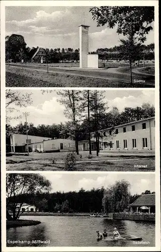 Ak Espelkamp Mittwald in Ostwestfalen Lippe, Südtor, Internat, Partie im Badeteich